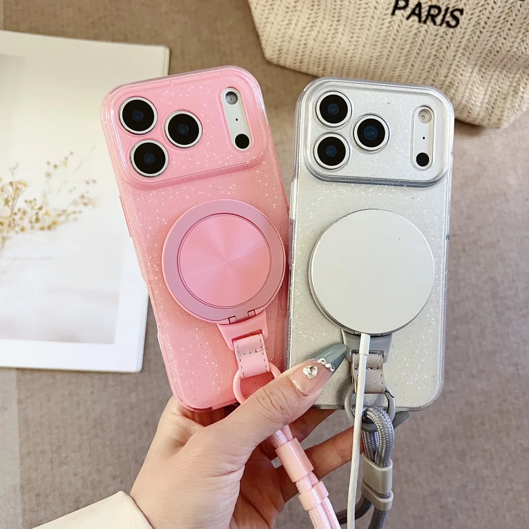 For iPhone 17 Air 16 E 11 14 13 12 XS 15 Pro Max XR SE 7/8 Plus For Magsafe Magnetic Rotating Bracket Hanging Rope Glitter Case