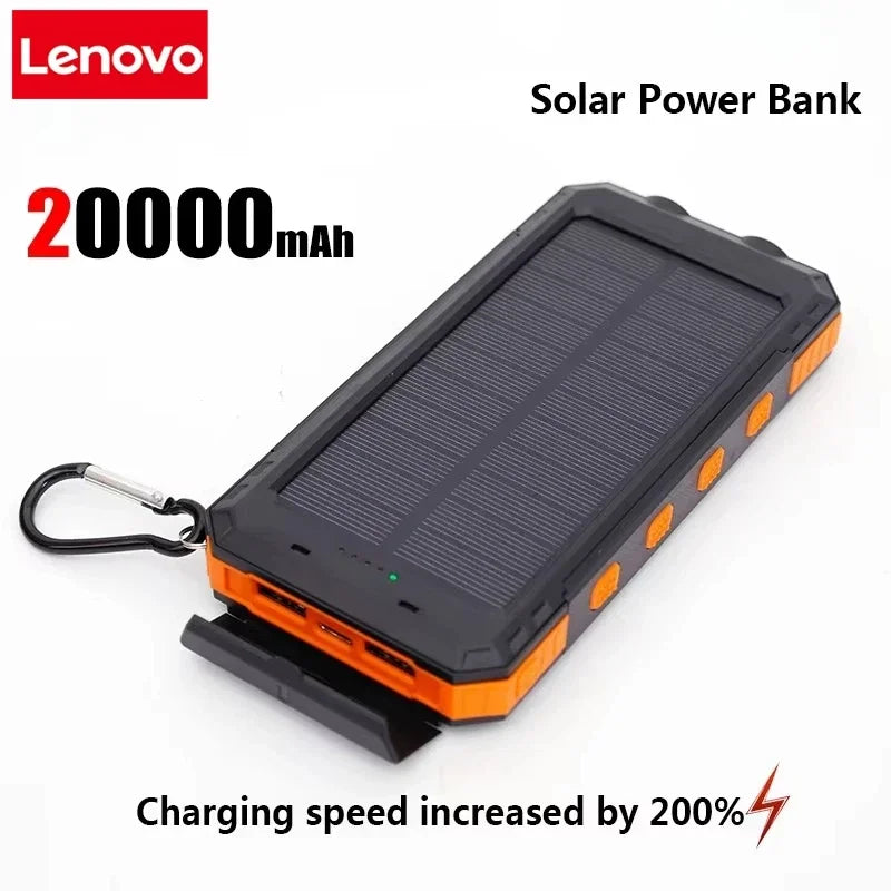 Lenovo 200000mAh Solar Power Bank Portable Charging Poverbank External Battery Charger Strong Light LDE Light for iphone Huawei Car Mobile World