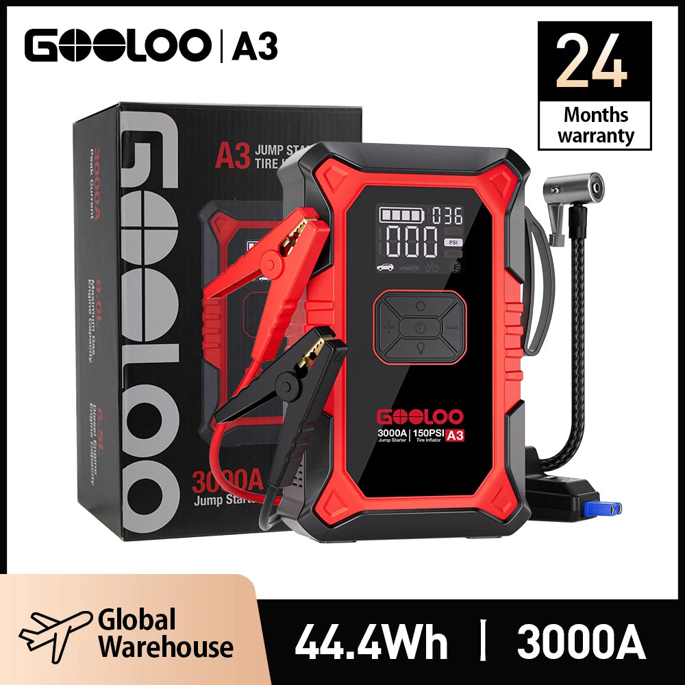 GOOLOO A3 3000A Peak Jump Starter with Air Compressor Portable Car Battery Booster for 9.0 Gas/6.5L Diesel Vehicles with 150PSI Auto-Shutoff