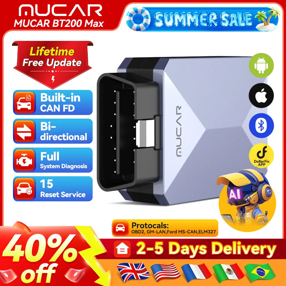 MUCAR BT200 Max Car OBD2 Diagnostic Tool All System Diagnosis Bi-directional Scanner ELM 327 CANFD15 Reset Lifetime Free Update