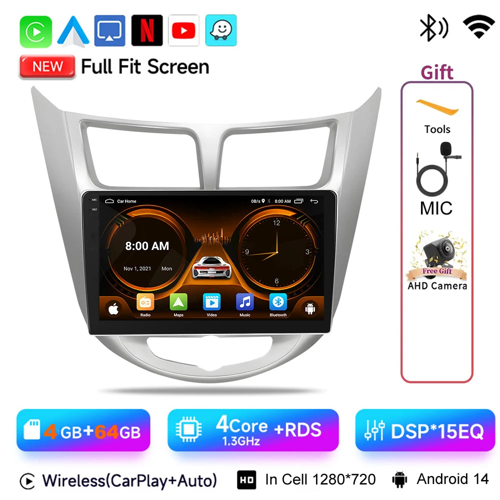 JIUYIN 9“ Android 15 Car Radio For Hyundai Accent Verna Solaris 2010-2016 Multimedia Video Player Carplay 4G WIFI GPS Head Unit CM World