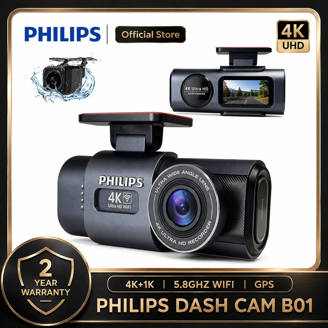 PHILIPS Dash Cam B01 4K+1K HDR Front and Rear Dual Camera 2.4GHz & 5GHz WiFi GPS 24H Parking Monitor Car DVR Video Recorder Car Mobile World
