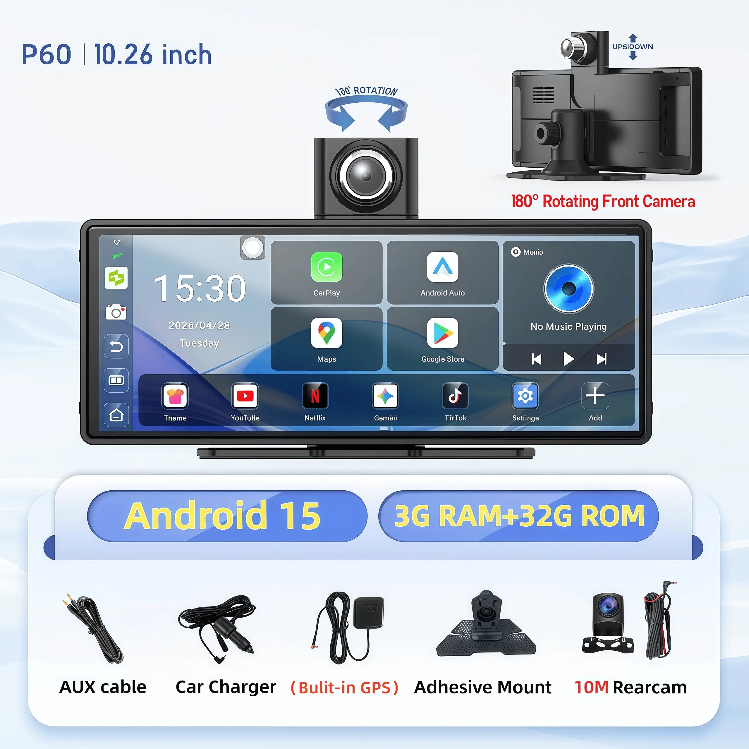 Imagebon P60 10.26" Android 15 Bulit-in GPS Wireless Carplay Android Auto Dual Camera WIFI Dashcam GPS Navigation Video Recorder Car Mobile World