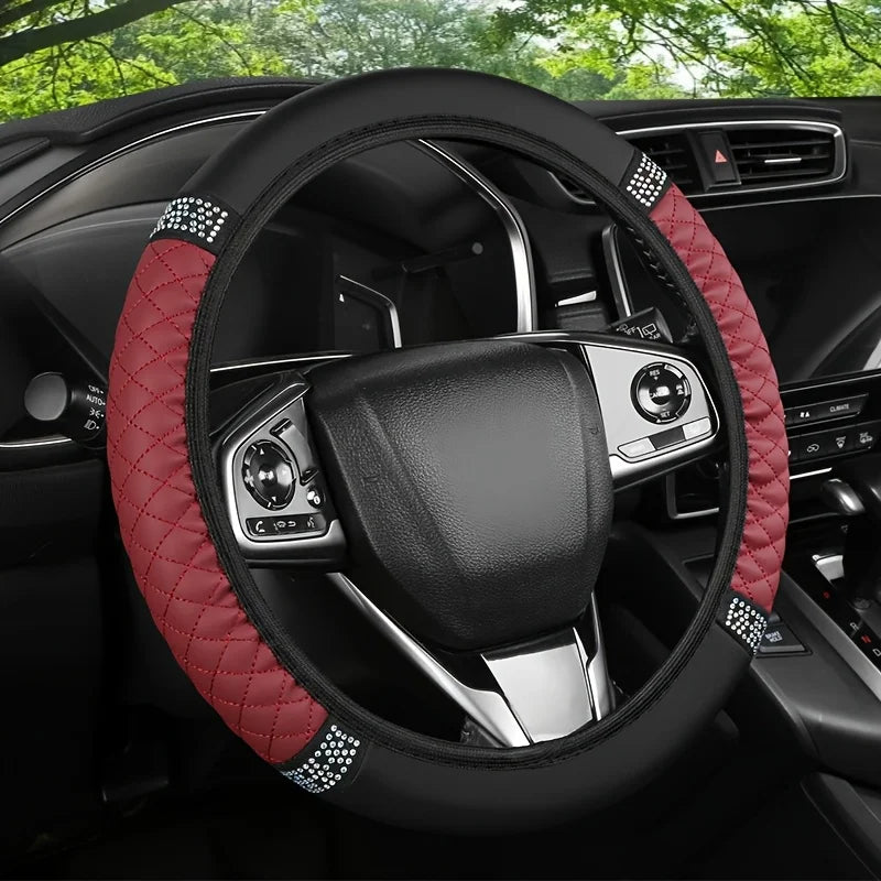 1PC Car steering wheel cover PU leather handle cover, no inner ring, fashionable diamond inlaid handle cover CM World