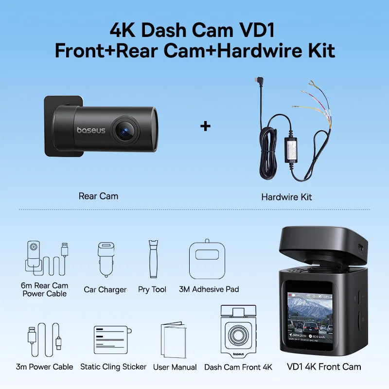 Baseus 4K Dash Cam VD1 Pro Front and Rear UHD Car Camera for SONY Sensor Supercapatior Night Vision WiFi6 DVR Video Recorder Car Mobile World
