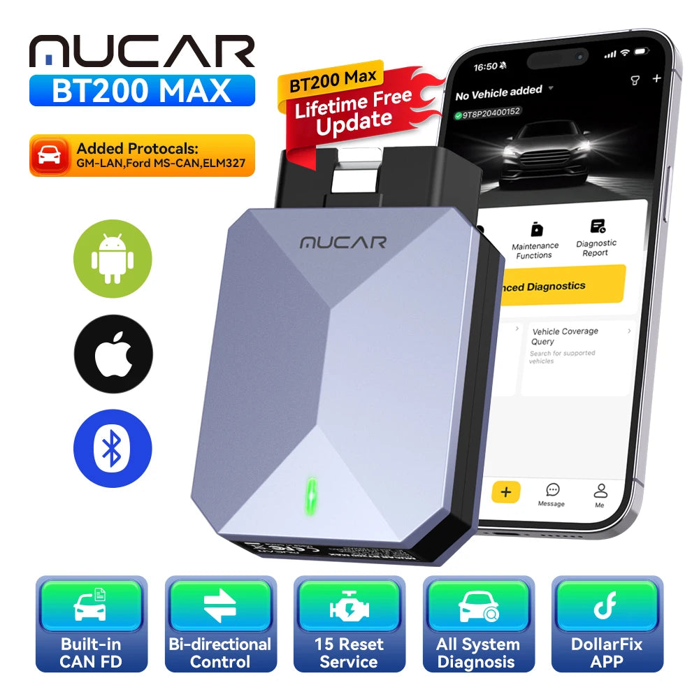 MUCAR BT200 MAX AI Diagnostic Tools CANFD ELM327 Prototol Full System OBD2 Scanner 15 Resets Lifetime Free Update VS BT200 PRO Car Mobile World