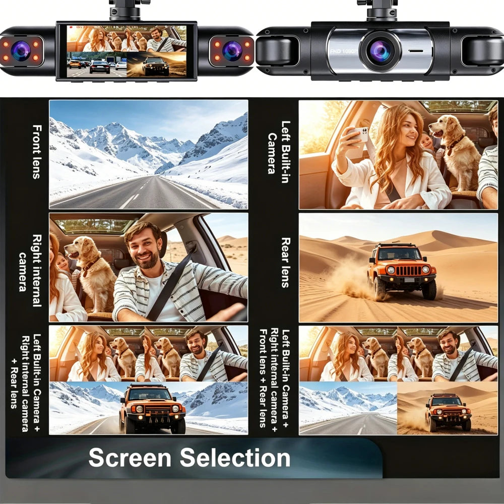 Dash Cam 1080P 360° Vehicle DVR Driving Recorder 4-channel 3.16-inch LCD Screen Rotatable Lens, Night Vision, Loop Recording Car Mobile World