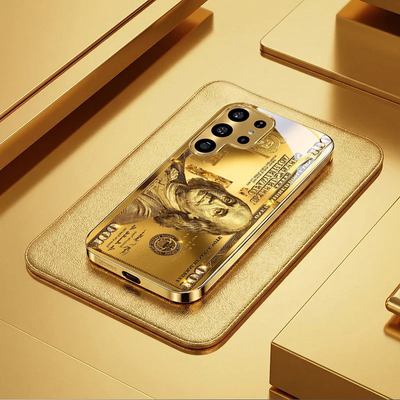 Golden Dollar Bill Fashion Exquisite HD Glass Phone Case for Samsung Galaxy S26 S25 S24 S23 S22 FE,Ultra,Plus Dropresistant Car Mobile World