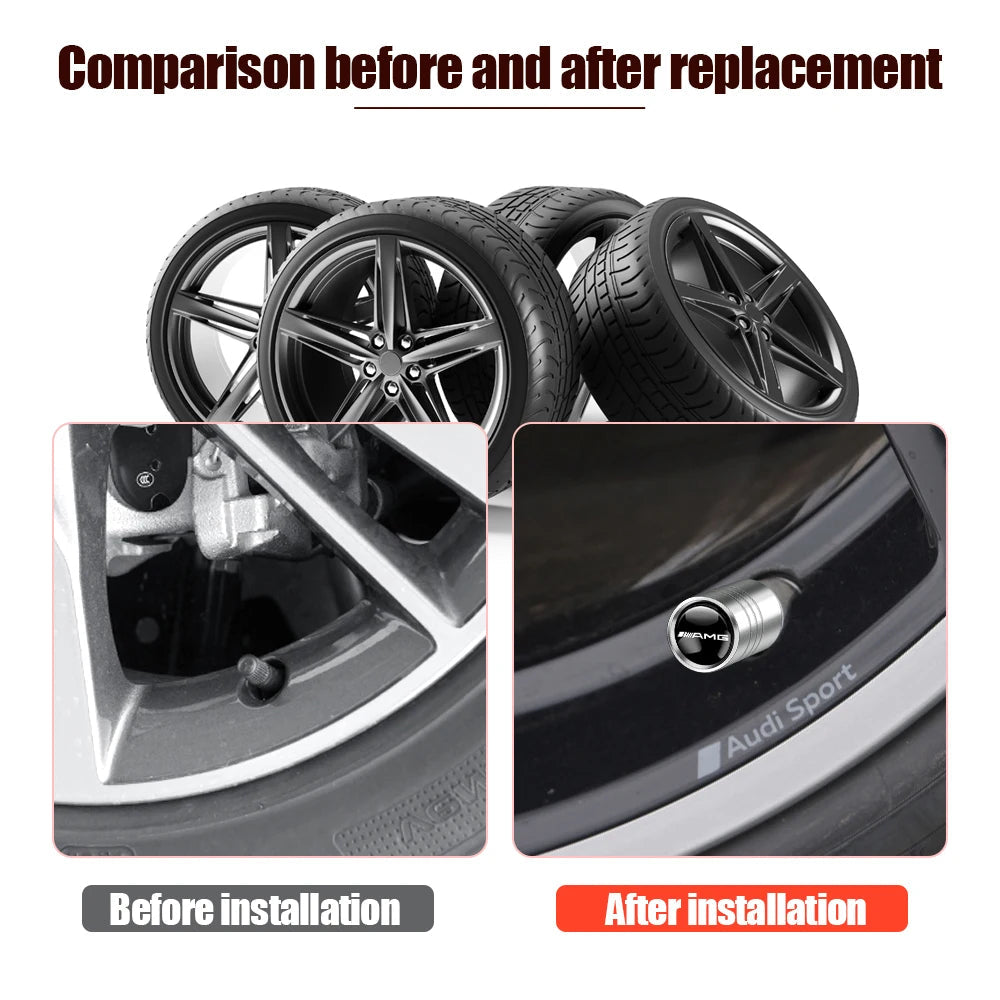 4Pcs Metal Stying Car Wheel Tire Air Valve Caps for AMG W140 W168 W169 W176 W177 GLS GLB EQC CLS SLK A200 GLK CLK A260 GLC CLG CM World