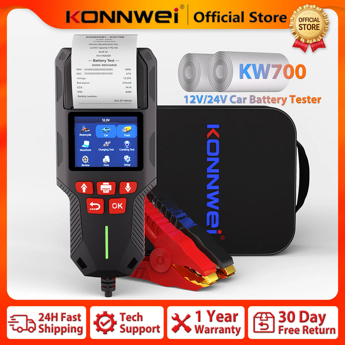 2026 KONNWEI KW700 Professional Car Battery Tester 12V/24V 100-2000CCA With Built-in Print Function Cranking Charging Test Tool