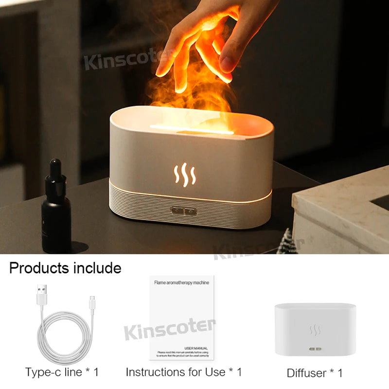 USB Desktop Flame Aroma Diffuser Humidifier 7 Colors Simulation Light Aromatherapy Air Purifier for Bedroom/Essential oil set CM World