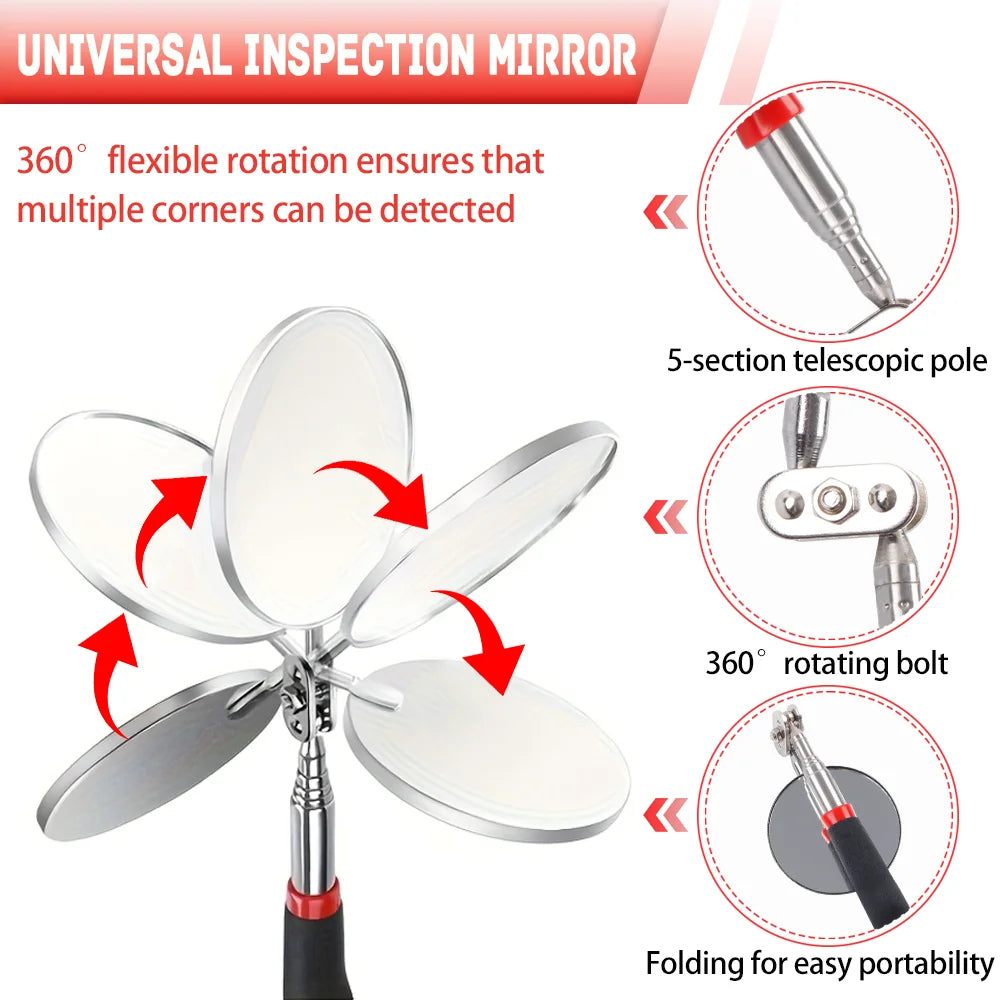 5PCS Telescopic Magnetic Pickup Tool, Portable Extendable Magnet Wand With Inspection Mirror, 360° Rotation, For Car Maintenance CM World