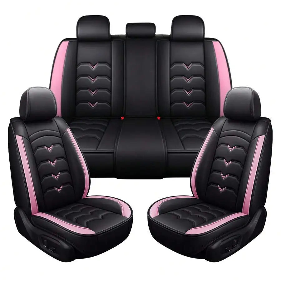 Universal 5-Seat PU Leather Car Seat Covers Black And Pink Full Set Waterproof Front & Rear Cushion Protectors, Airbag Compatible Car Interior Upgrade, Easy Installation And Easy To Clean Fit For Most Car Sedan SUV Hatchback