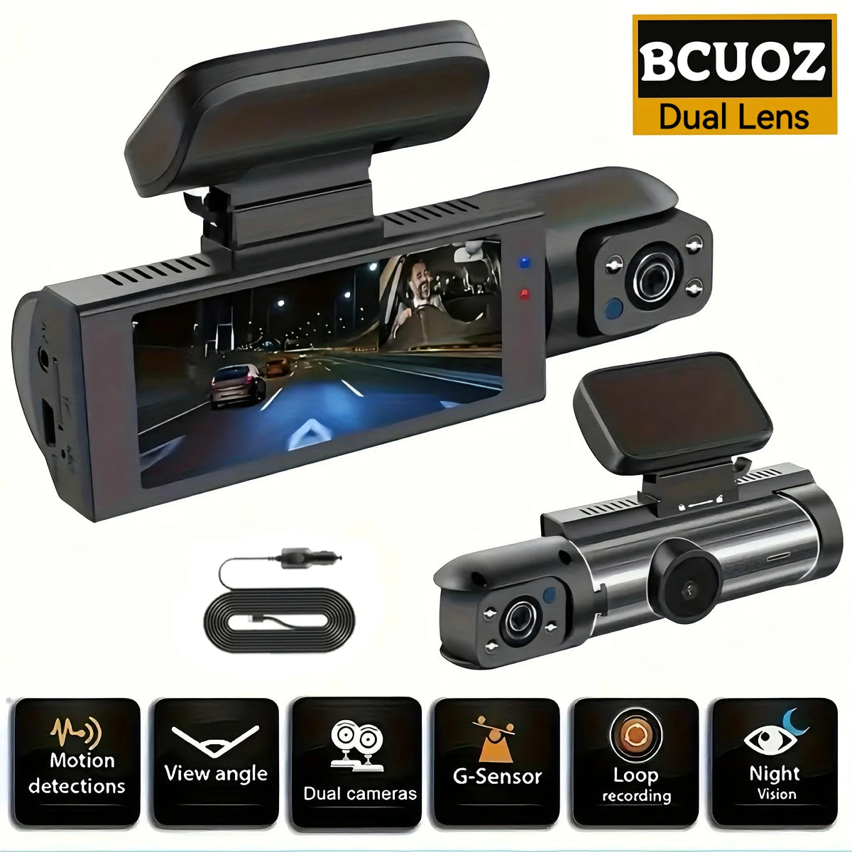 BCUOZ Dual-Lens Dashcam 1080P Front Camera And 720P Built-In Car Cameras Super Night Vision Loop Recording G-Sensor WDR 12-24V Car Plug Power Supply Optional 32GB Memory Card