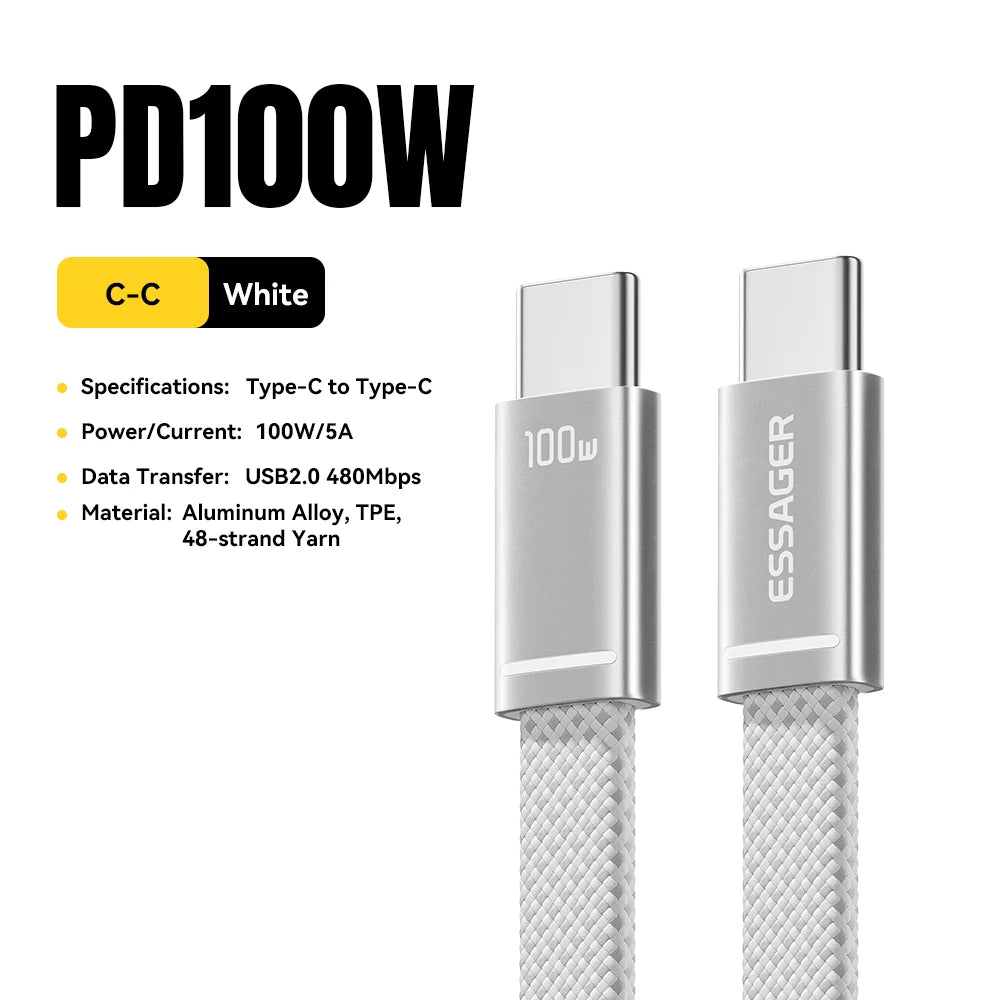ESSAGER 100W USB C To Type C Slim Cable 5A PD Fast Charging for MacBook iPhone 17 16 Pro Max iPad Xiaomi Laptops USB-C Data Cord