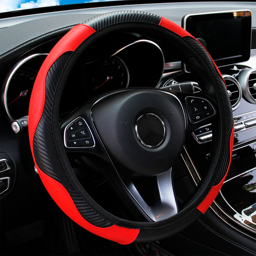 Carbon fiber PU leather elastic car steering wheel cover without inner ring suitable for 14.5-15 inch car interior supplies