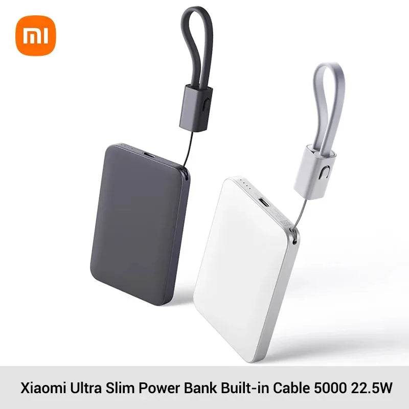 Xiaomi Ultra Slim 5000mAh 22.5W MAX Portable External Battery Power Bank with Built-in Cable for Xiaomi Samsung IPhone 17+