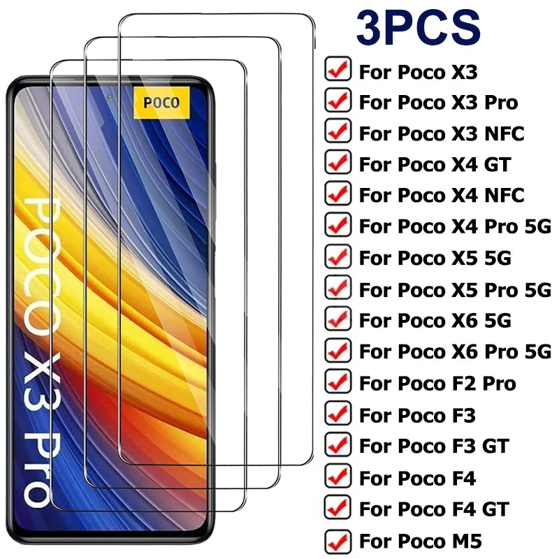 3PCS Protective Glass for Poco X3 X4 X5 X6 Pro NFC 5G M5S Film Screen Protector for Xiaomi Poco F3 F4 GT F2 Pro Tempered Glass
