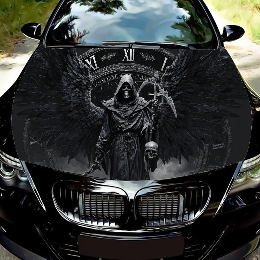 Clock & Winged Reaper Car Vinyl Wrap, PVC Waterproof Car Hood Sticker, Self-Adhesive Scratch-Resistant Stickers for Engine Cover