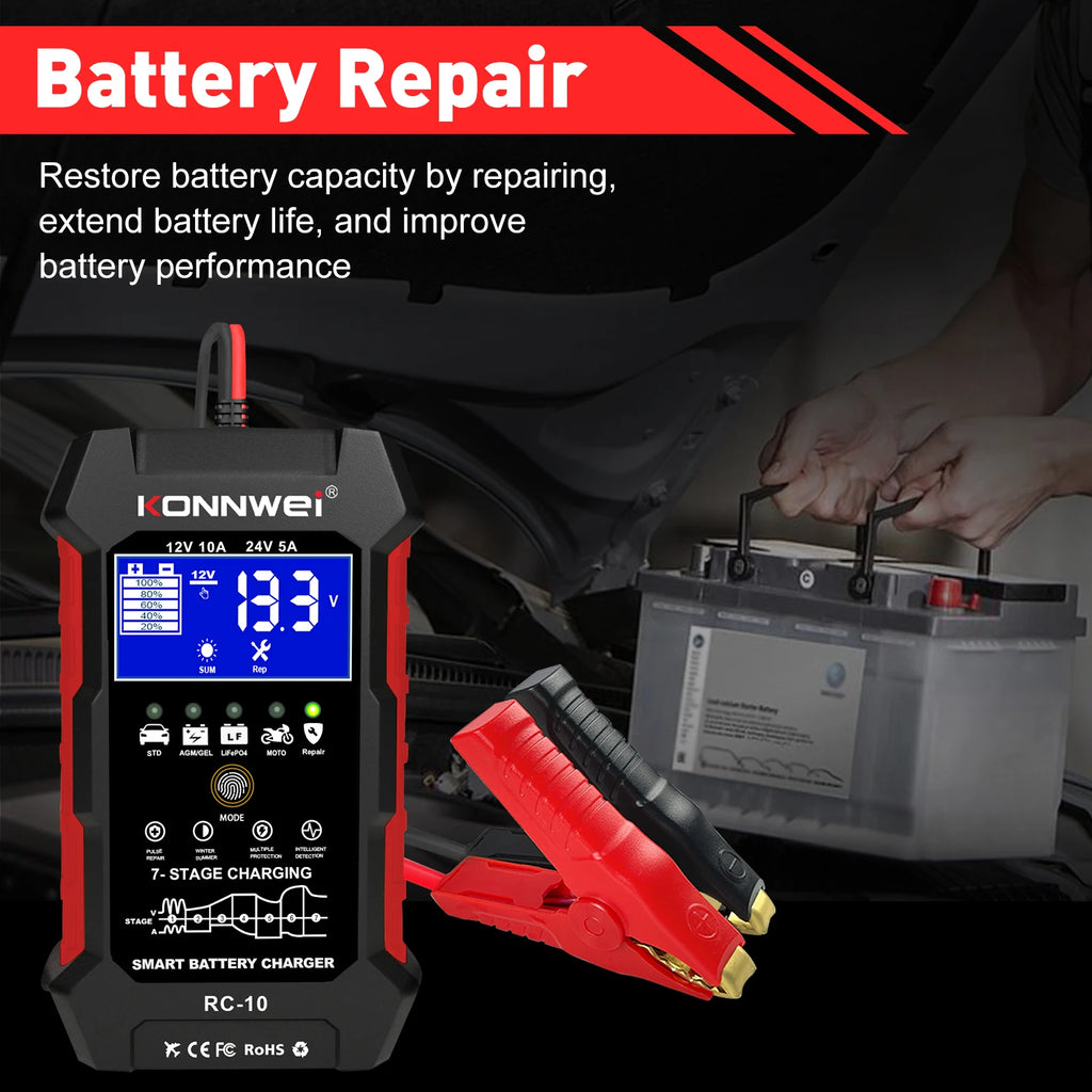 2026 KONNWEI RC-10 Car Battery Charger 12V 10A 24V 5A Full Automatic Fast Charging Pulse Repair BatteryCharger Lead Acid AGM Gel