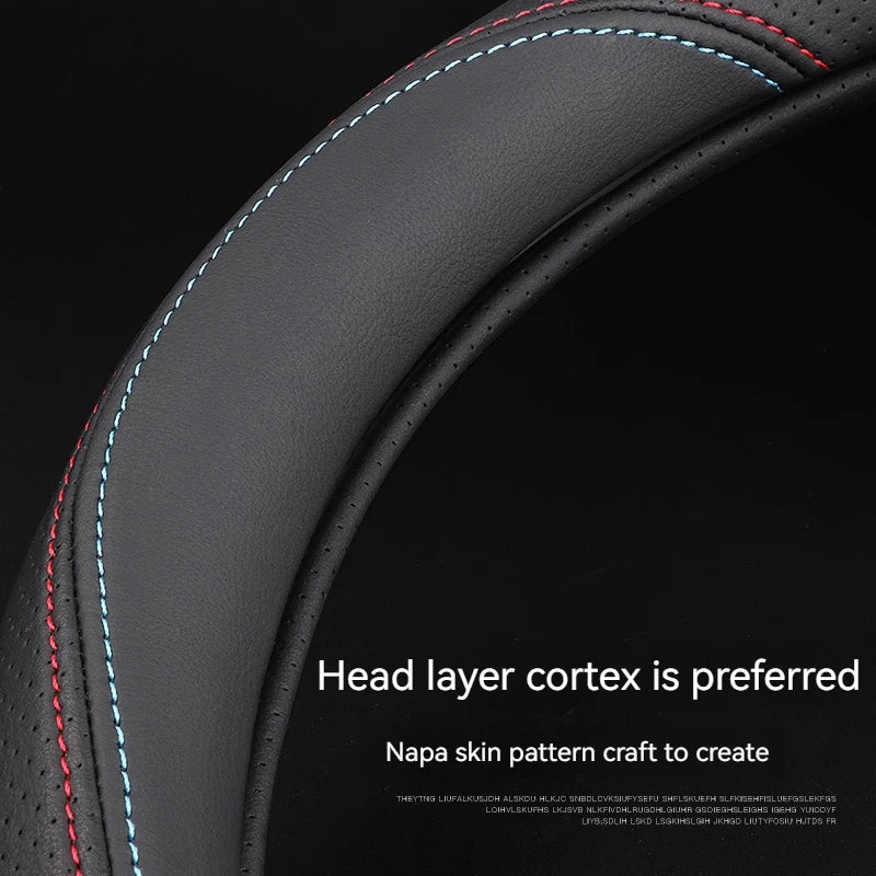Full Leather Cover for All Seasons Auto Steering Wheel Cover Ultra-Thin Non-Slip Round Breathable Car Steering Wheel Protector CM World