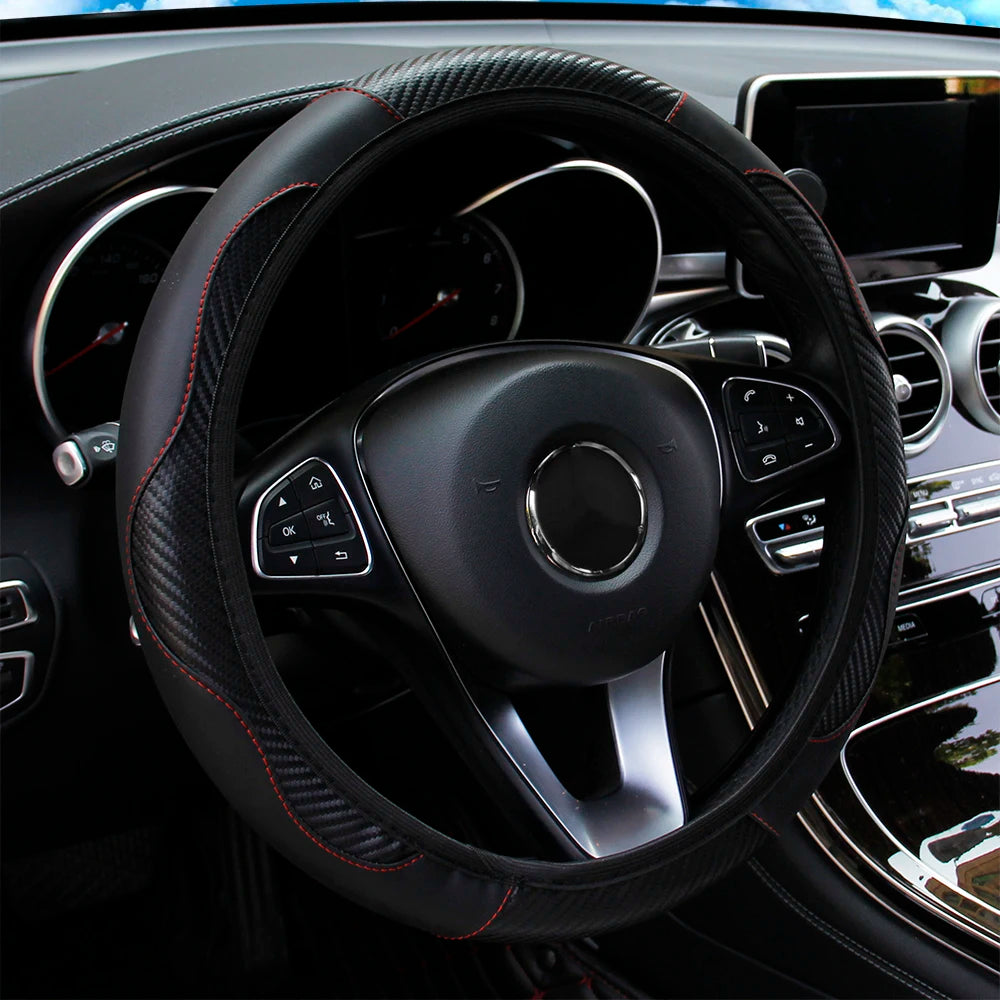 Carbon fiber PU leather elastic car steering wheel cover without inner ring suitable for 14.5-15 inch car interior supplies