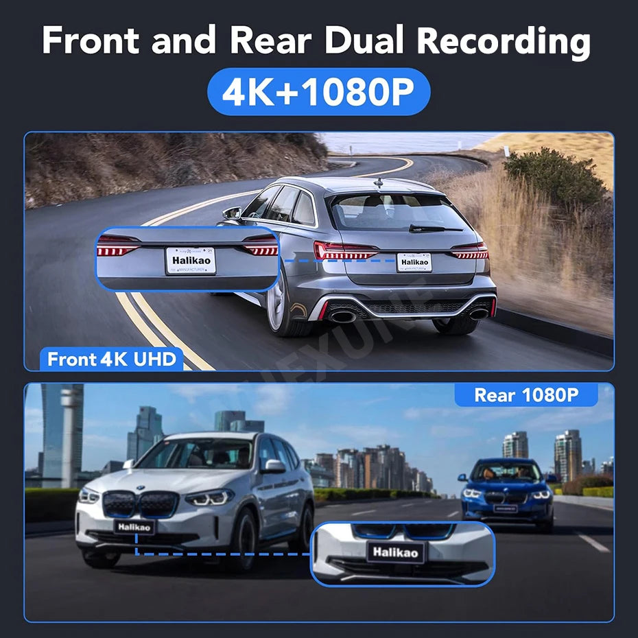 4K UHD Dash Cam Dual Lens Recording Car Camera DVR Night Vision Video Recorder Support GPS Wi-Fi Room Black Box Rear View Camera