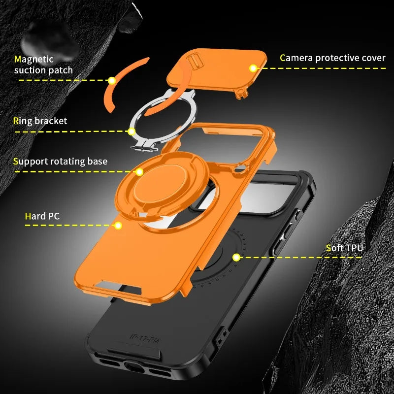Luxury Heavy Duty Rugged Armor Magnetic Bracket Case For iPhone 17Air 16 15 14 17 Pro Max Plus Slide Camera Protection PC Cover Car Mobile World