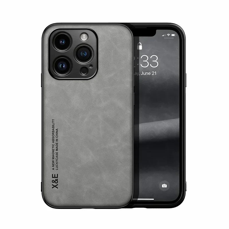 Luxury Leather Case For iPhone 17 16 16e 15 14 13 12 11 Pro Max Plus 12 13 Mini SE 8 7 Cover With Metal Plate Support Car Hold Car Mobile World