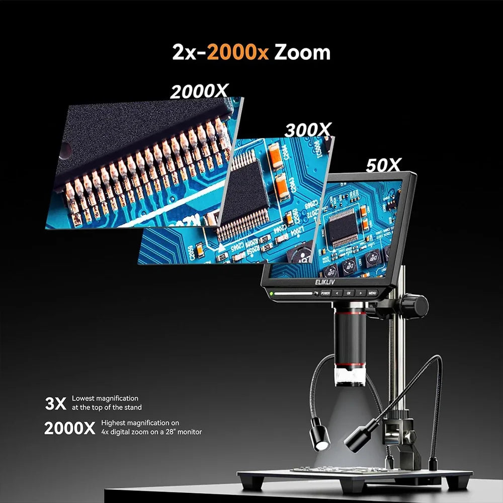 Elikliv EM4K 4K HDMI Digital Microscope for Electronics 8" 2000X Soldering Microscope for PCB Inspection Repair with 10" Stand CM World