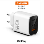 GaN 67W Quick charger type c pd 65w Super fast charger USB C and USB A 3 Ports with QC 4.0 3.0 for Samsung iPhone 15 Pro Laptop Car Mobile World