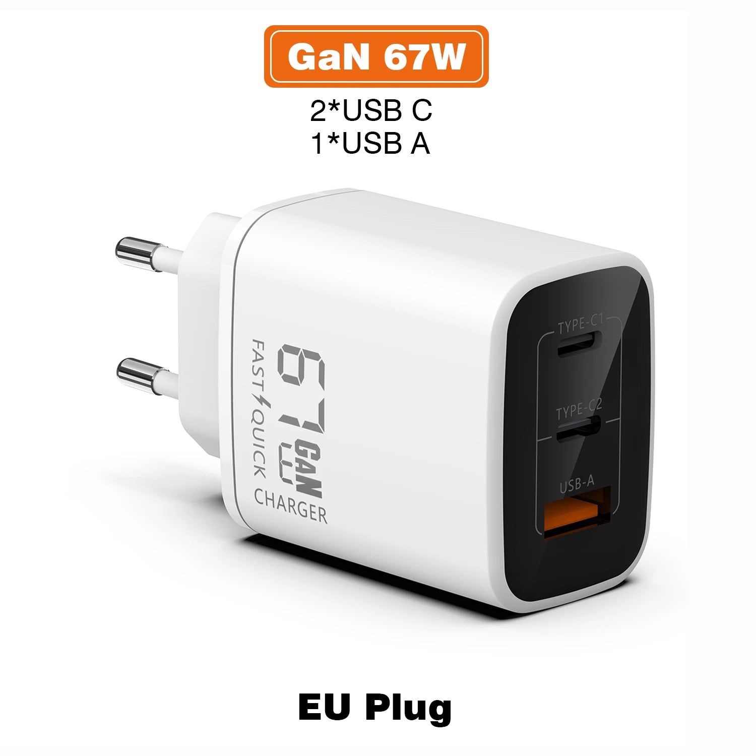 GaN 67W Quick charger type c pd 65w Super fast charger USB C and USB A 3 Ports with QC 4.0 3.0 for Samsung iPhone 15 Pro Laptop Car Mobile World