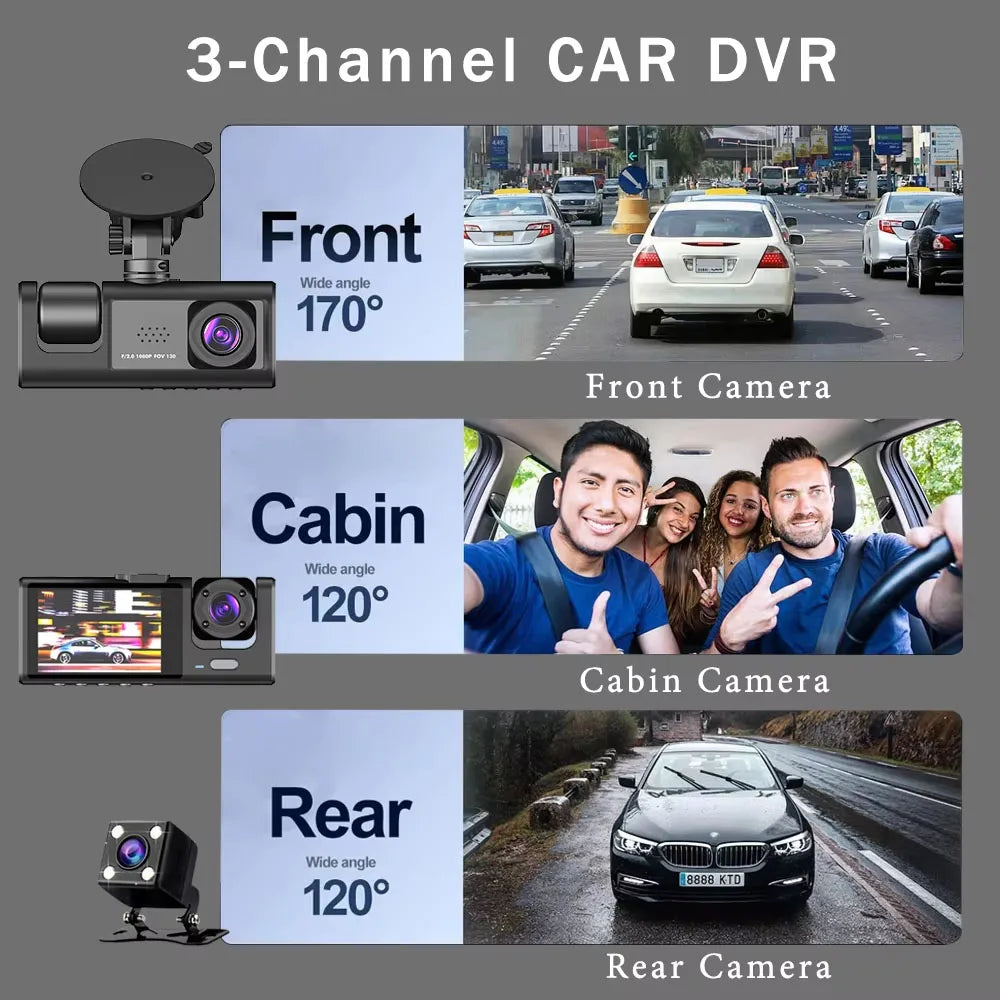 WiFi 3 Channel Car DVR Three Way Dash Cam Inside Vehicle Camera DVRs Recorder FHD 1080P Video Mini Registrator Dashcam Camco