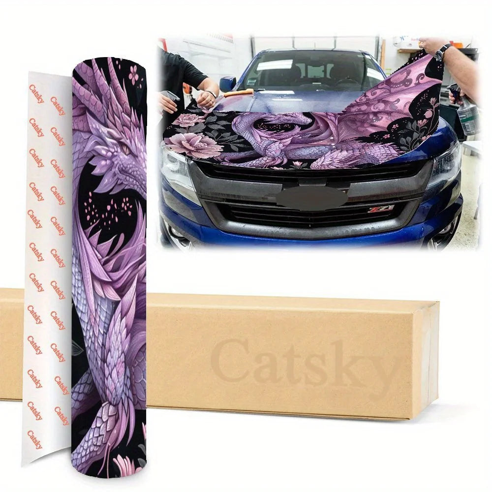 Romantic Purple Flower Dragon Car Hood Vinyl Wraps Sticker, PVC Waterproof Car Bonnet Decals, Self-Adhesive Scratch-Resistant St
