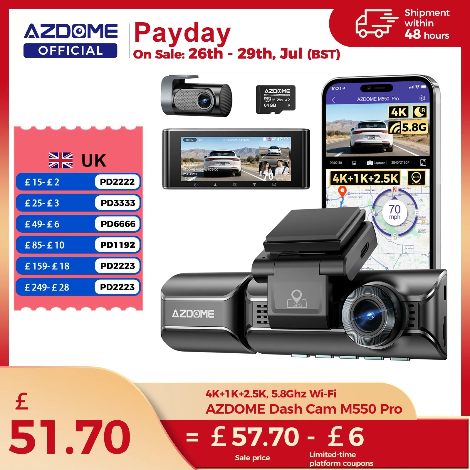 Upgrade AZDOME M550 Pro Dash Cam 4K Front Dashcam Auto 5.8Ghz Wi-Fi GPS G-sensor Car DVR 6 IR Night Vision Parking Monitor Car Mobile World