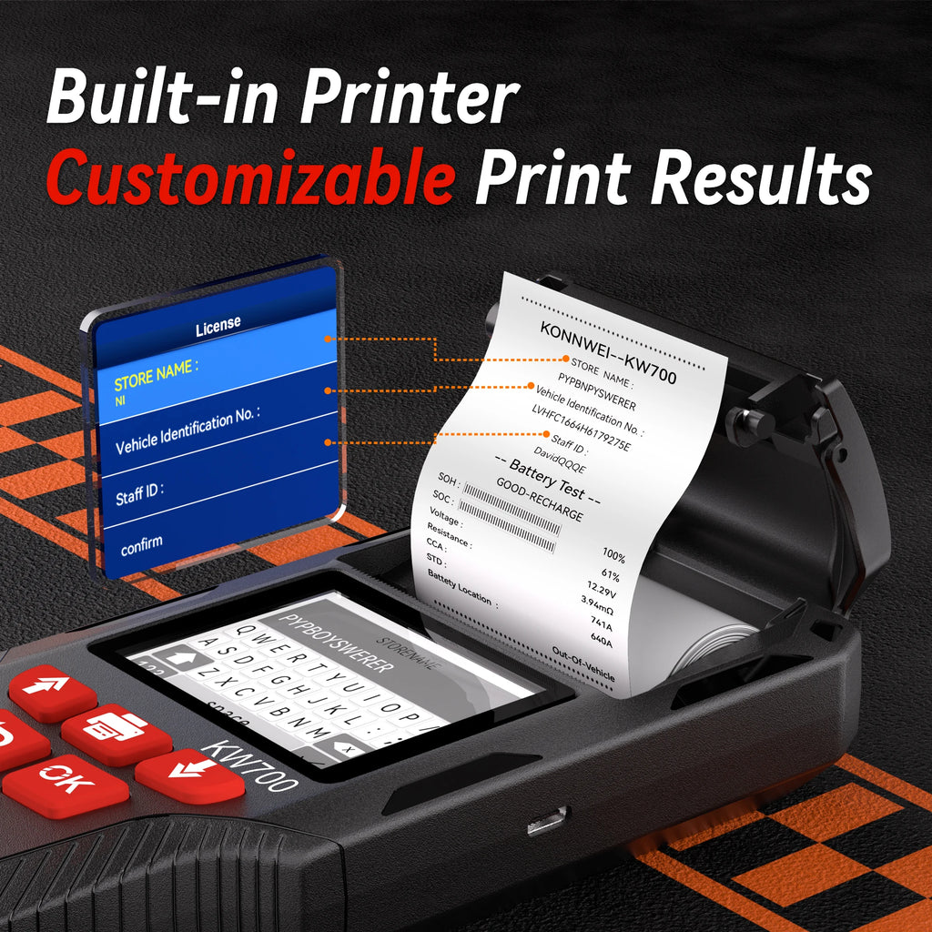 2026 KONNWEI KW700 Professional Car Battery Tester 12V/24V 100-2000CCA With Built-in Print Function Cranking Charging Test Tool