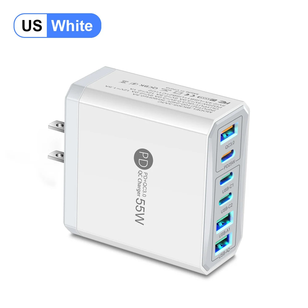 55W 3 USB 3 PD Charger Fast Charging QC3.0 Travel Charger For iPhone 15 14 Samsung Xiaomi Mobile Phone Adapter EU KR US UK Plug Car Mobile World