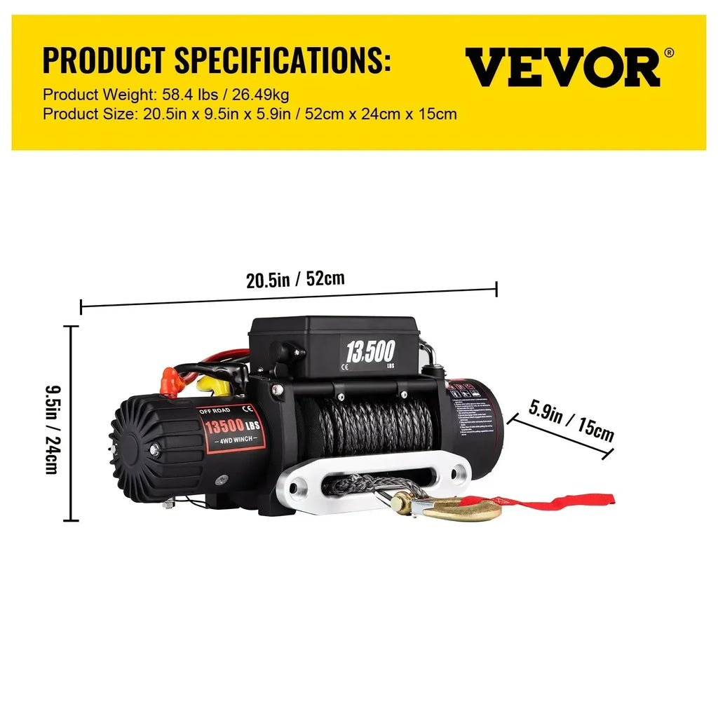 VEVOR 13500 LBS 12V Electric Winch Synthetic Tow Rope Winch 24M/92FT Lifting Hoist for 4X4 Car Trailer ATV Truck Off Road Boat CM World