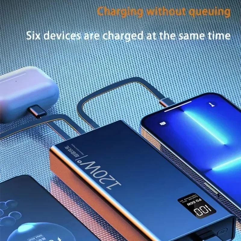 Lenovo 120W 50000mAh High Capacity Power Bank 4 in 1 Cables Super Fast Charging Power Bank Portable Charger For iPhone Samsung Car Mobile World