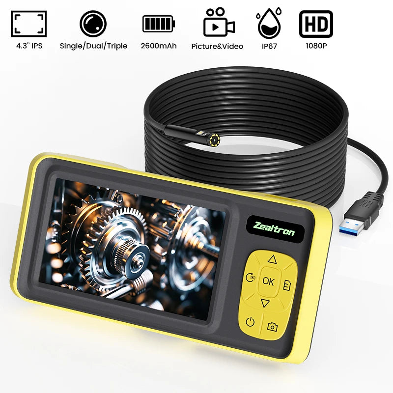  1-15m 1080P Industrial Endoscope 4.3'' IPS Screen Detachabe Design, IP67 Borescope Autofocus 8mm Lens 1920P for Inspection Car