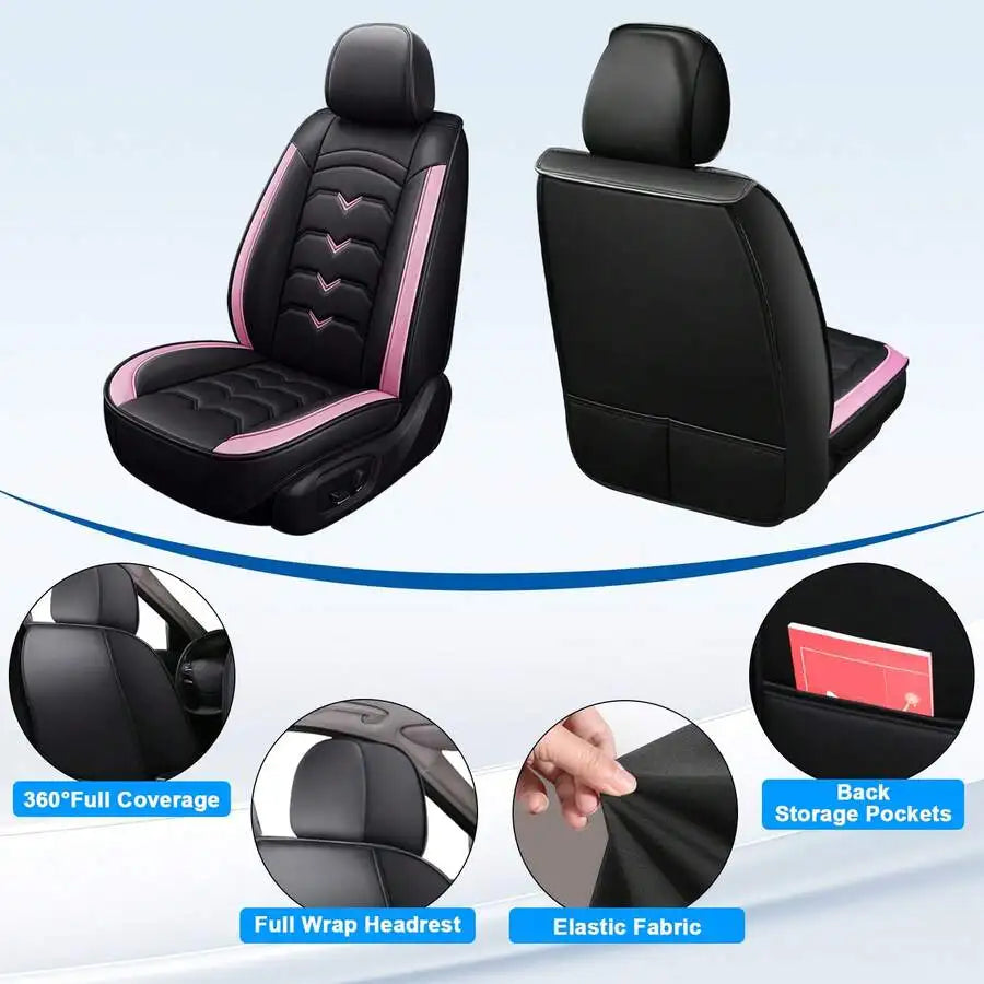 Universal 5-Seat PU Leather Car Seat Covers Black And Pink Full Set Waterproof Front & Rear Cushion Protectors, Airbag Compatible Car Interior Upgrade, Easy Installation And Easy To Clean Fit For Most Car Sedan SUV Hatchback