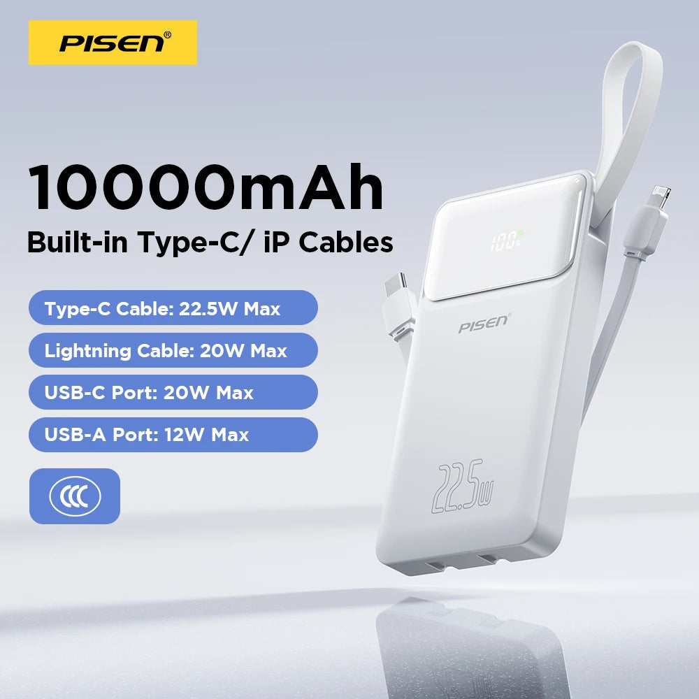 PISEN 3C Certified 22.5W Power Bank 10000mAh/ 20000mAh With Built-in Type C/L Cables Fast Charging Powerbank For iPhone Samsung Car Mobile World