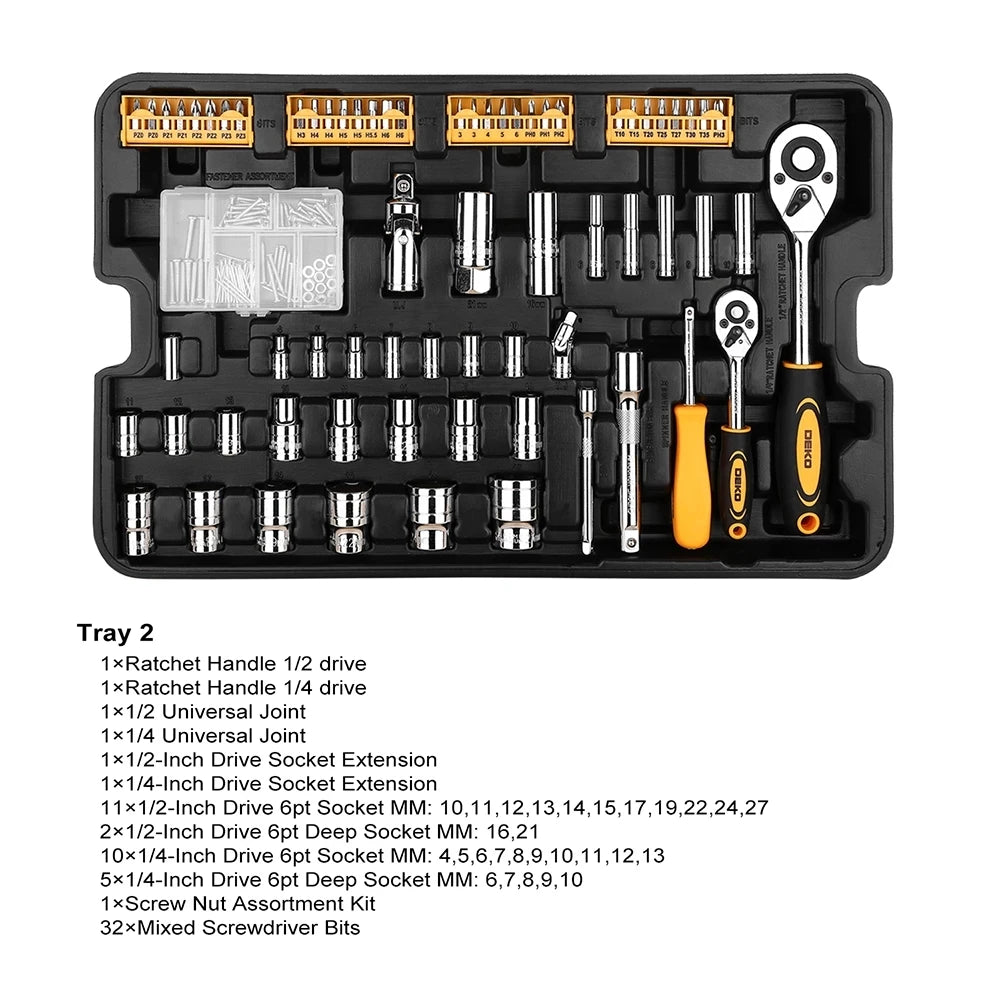 DEKO 258pcs Home DIY Hand Tool Set Professional Hand Tool Luggage Three-layer Rolling Portable Storage Box CM World
