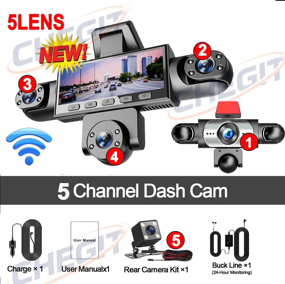 2026 New 360° 3/5 Channels Car Dash Cam Video Recorder 1080P Car DVR Front inside optional Rear View Night Vision Black Box