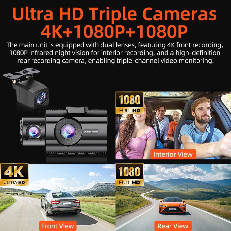 Car DVR 3Channel Dash Cam for Car 4K Video Recorder Dashcam Front and Rear View Camera Night Vision Car Accessories With 32GB Car Mobile World