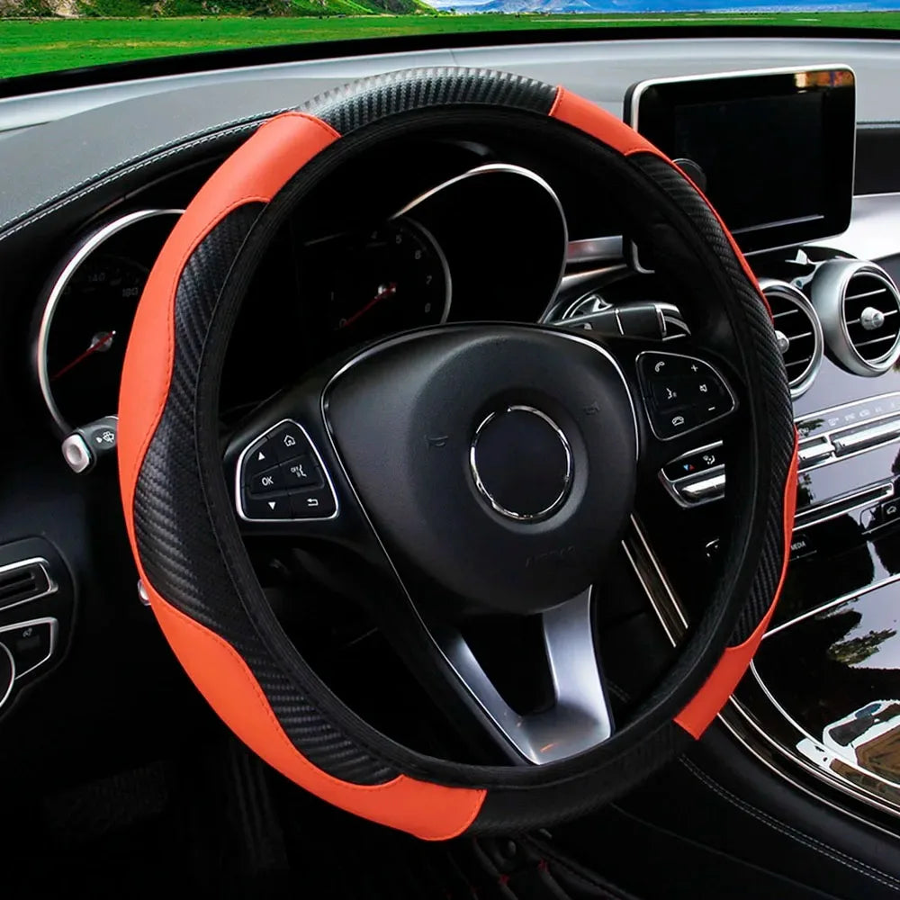 PU Carbon Fiber Leather Car Steering Wheel Cover Without Inner Ring Suitable 14.5-15 Inches for Most Vehicles Sedan SUV Truck