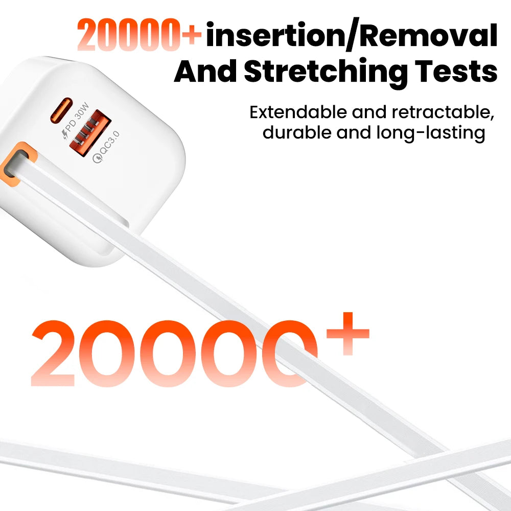 65W Fast Charger With Retractable USB C Cable 2 Ports USB Type C Charger PD Quick Charge 3.0 Phone Chargers For iphone Android Car Mobile World