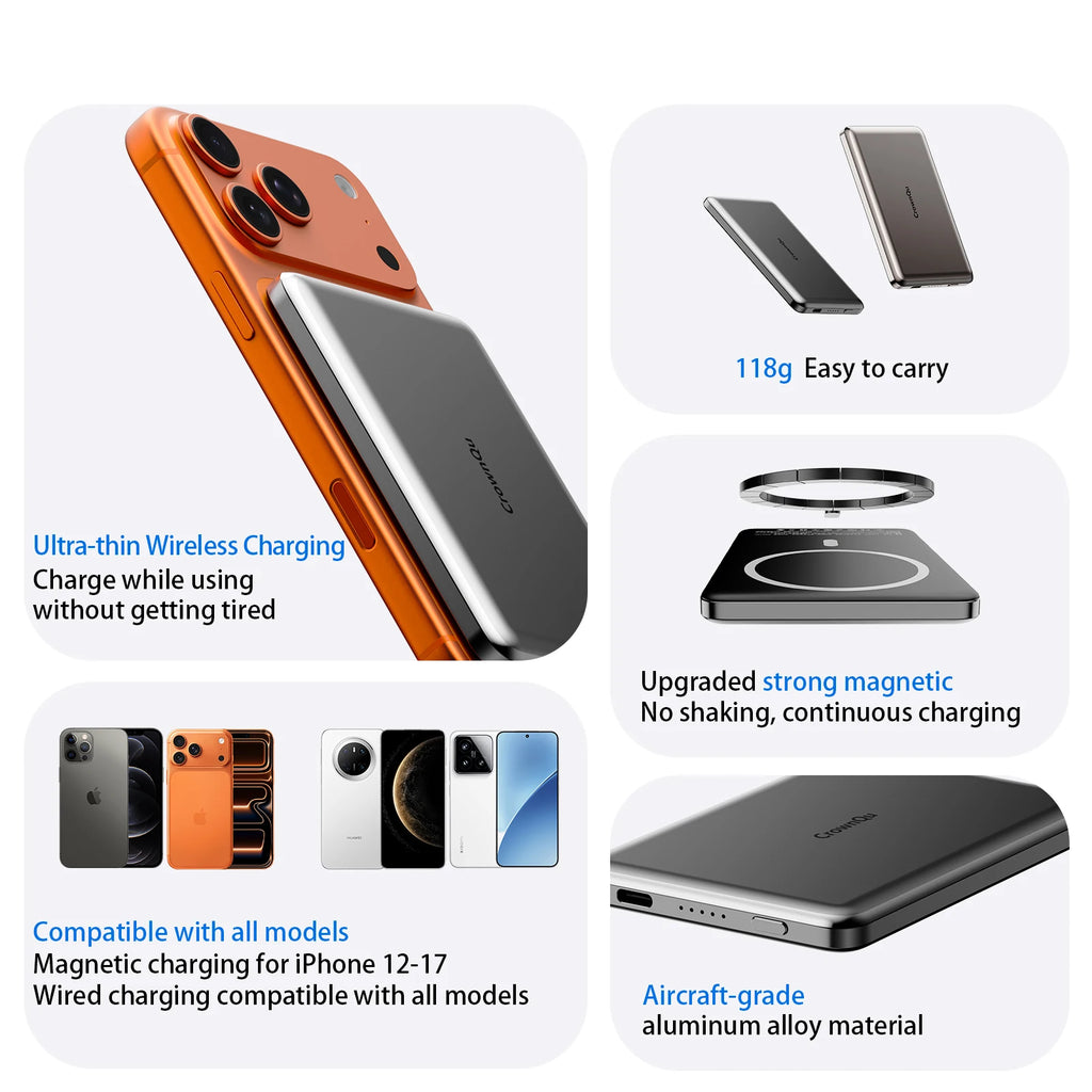 Metal Magnetic Wireless Power Bank 20W USB-C Fast Charging Protable External Battery for iPhone 17 16 15 14 13 12 Smartphone Car Mobile World