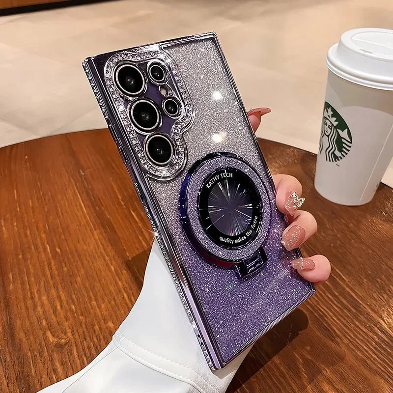 S26Ultra Glitter Bracket Case For Samsung Galaxy S25 S24 S23 S22 Ultra S26 Plus A55 A52S A15 Magnetic Diamond Shockproof Cover Car Mobile World