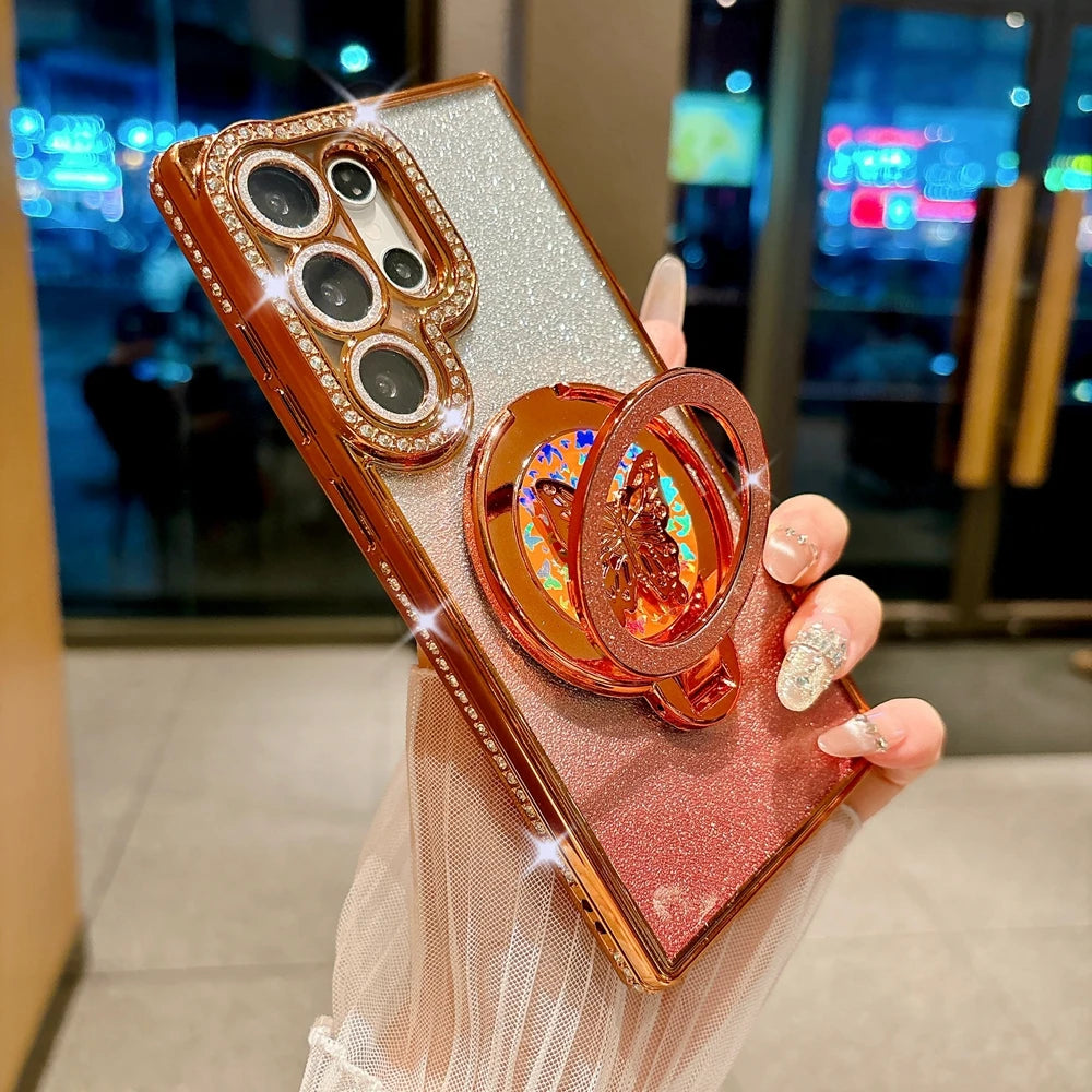 Glitter Butterfly Rotating Bracket Case for Samsung Galaxy S25 S26 Ultra S24 S23 Plus S22 FE A56 A55 A16 A54 Bling Diamond Cover